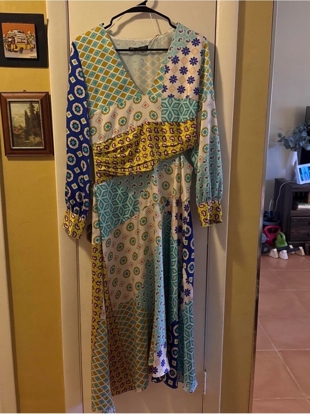 Zara Multicolor Patchwork V-Neck Long Sleeve Maxi Dress
